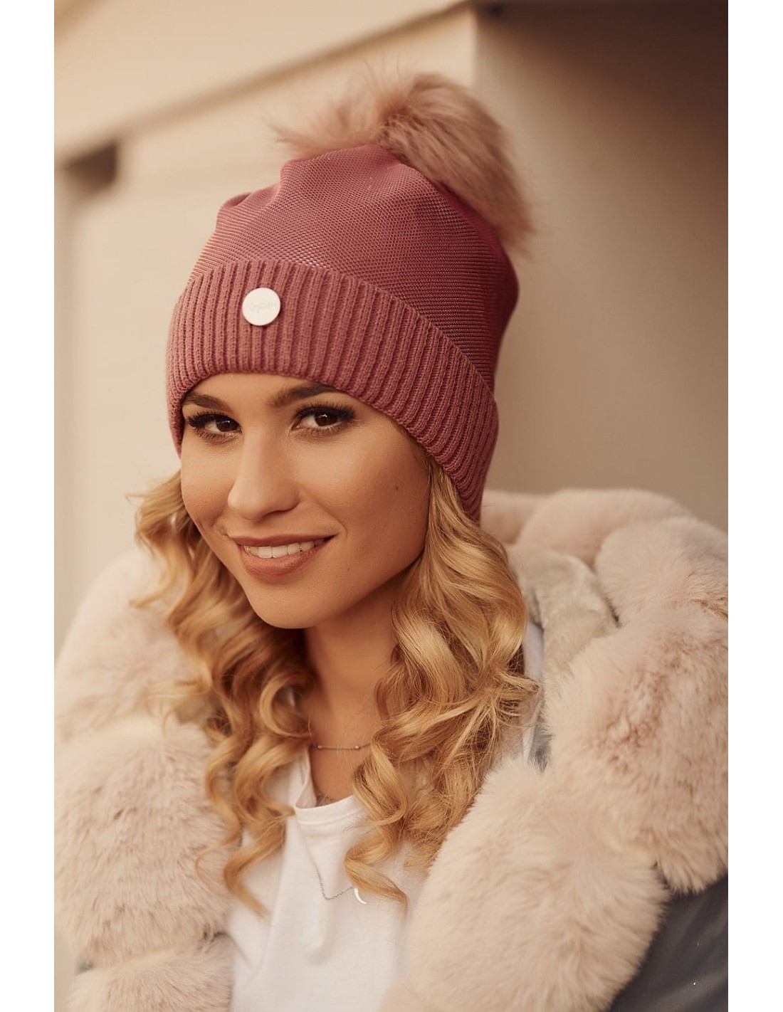 Winter hat with a shimmering thread, dark pink C62 - Online store - Boutique